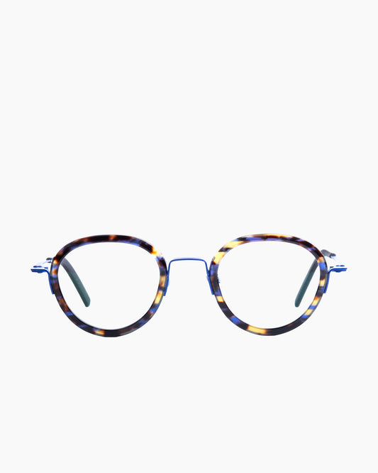 blue metal round eyeglasses by Theo model STAMPPOT, front view, lunettes de vue rond couleur Bleu