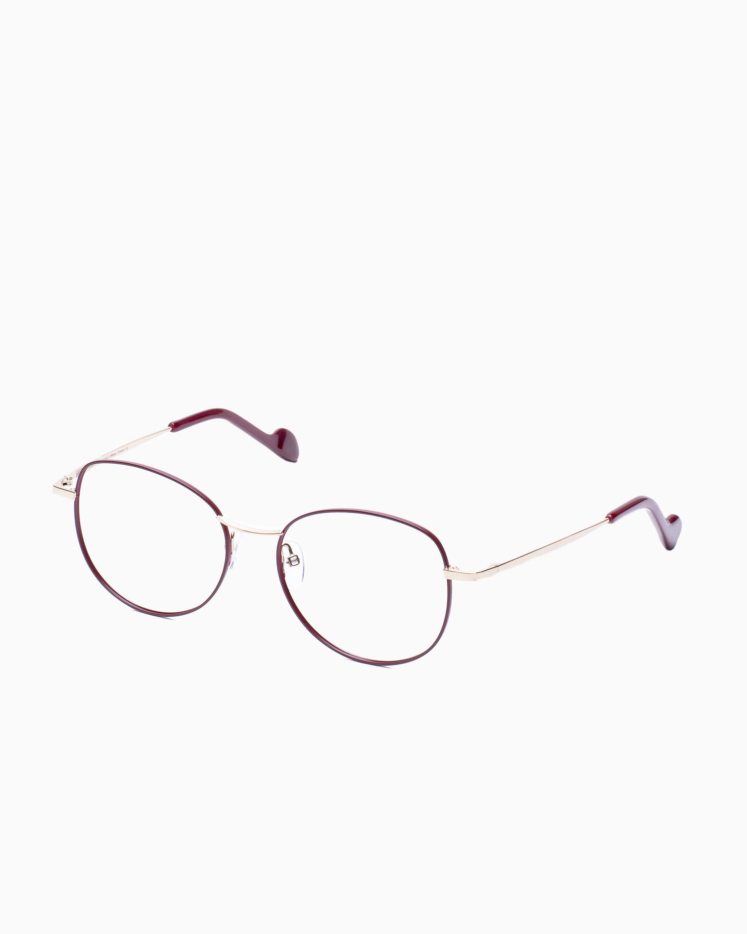 red metal round eyeglasses by Nao Ned model Maiwenn, front view, lunettes de vue bourgogne rond