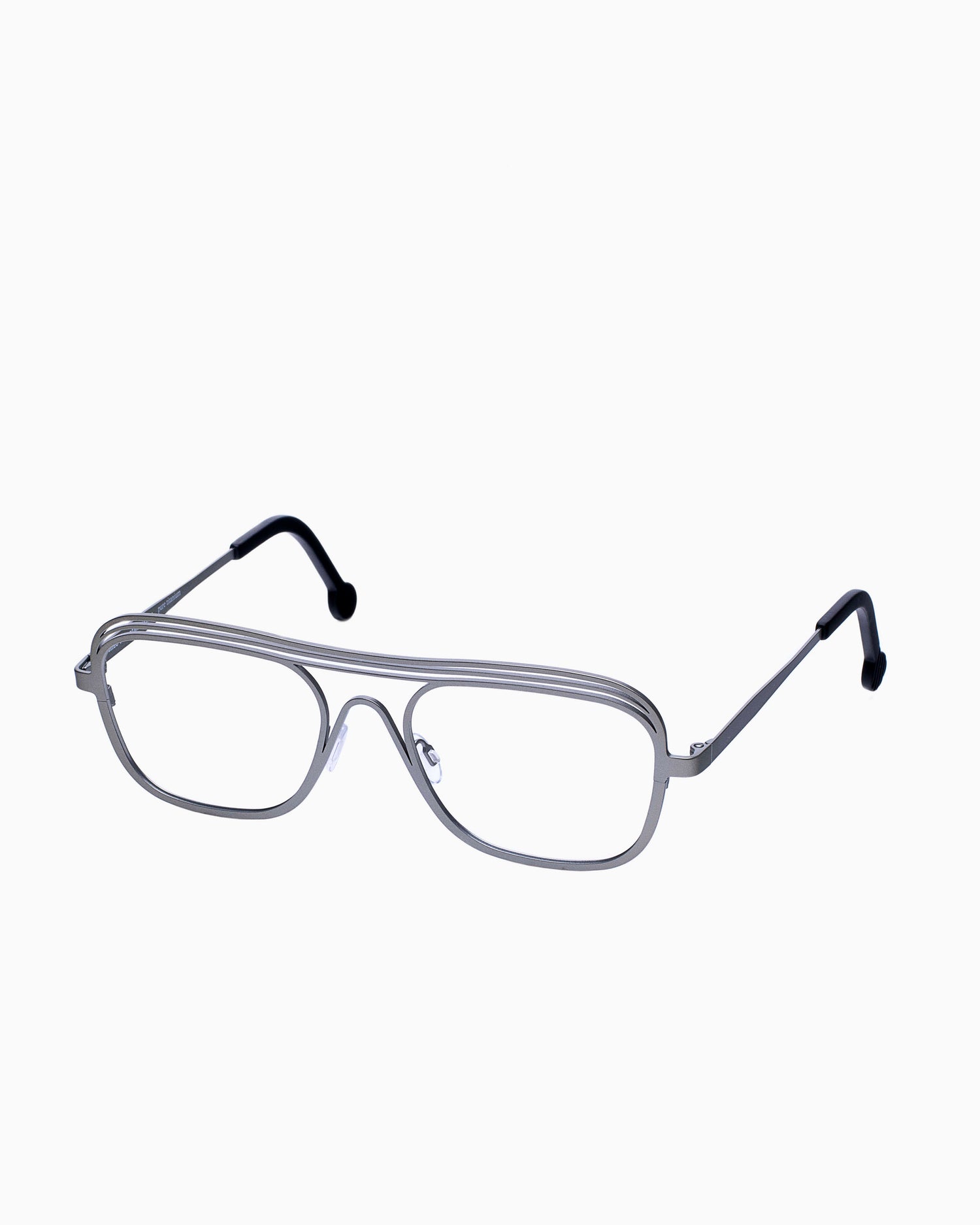 silver metal rectangle eyeglasses by Theo model Exchange, front view, lunettes de vue argent rectangle