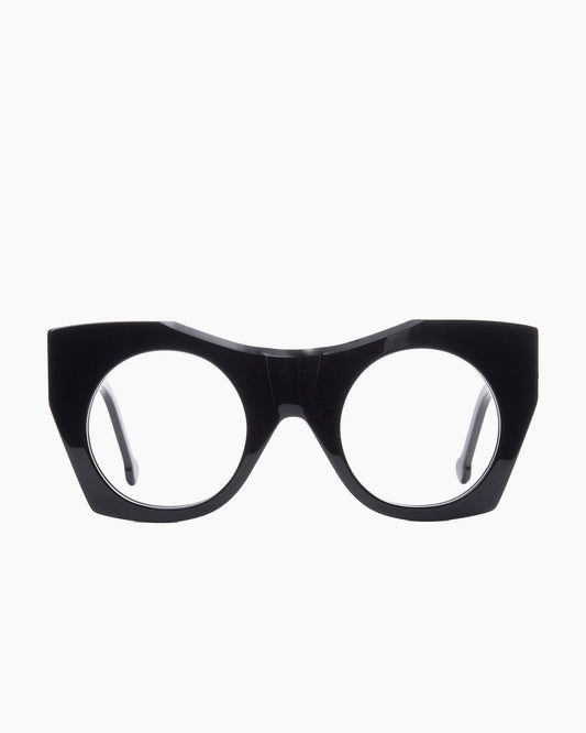 black plastic round eyeglasses by Marie-Sophie Dion model McKee, front view, lunettes de vue rond couleur noir