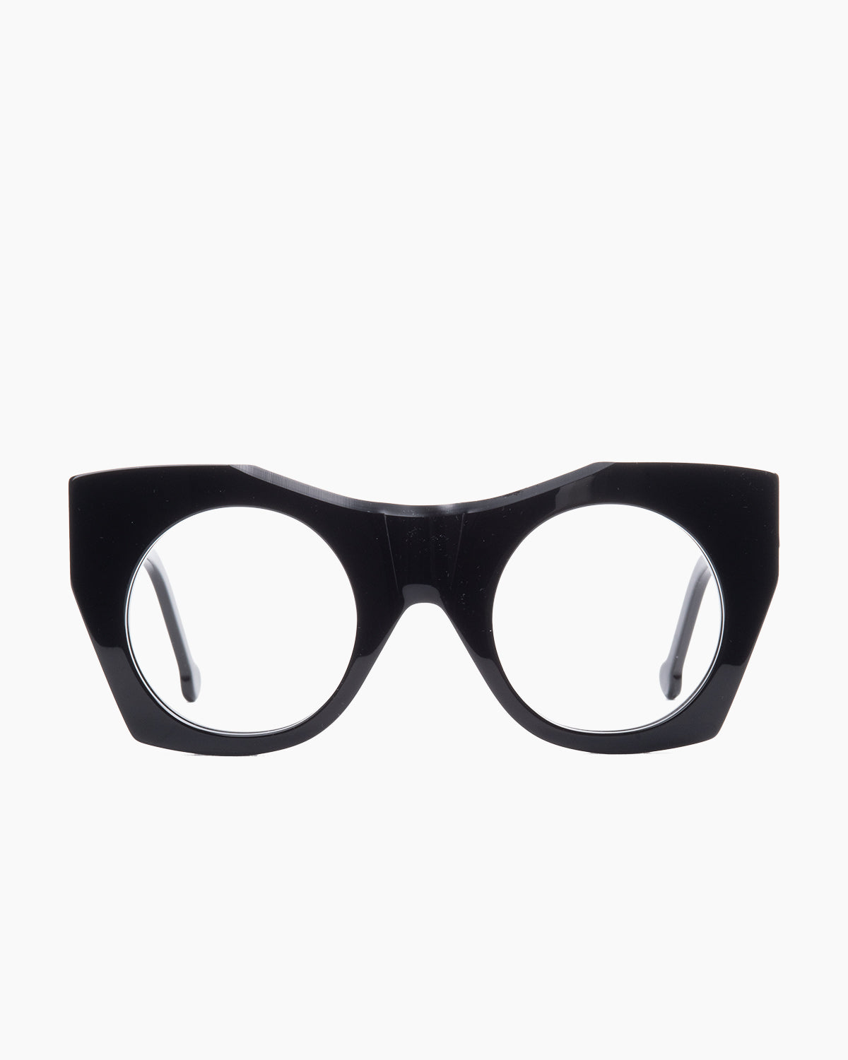 black plastic round eyeglasses by Marie-Sophie Dion model McKee, front view, lunettes de vue rond couleur noir
