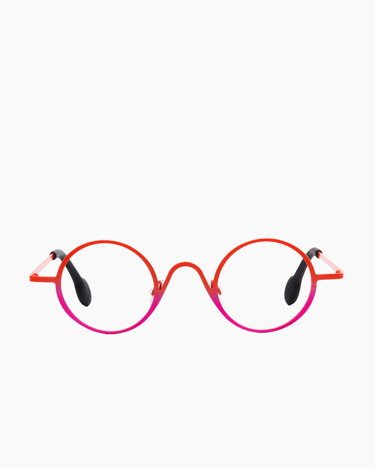 pink metal round eyeglasses by Theo model stanley, front view, lunettes de vue rose rond