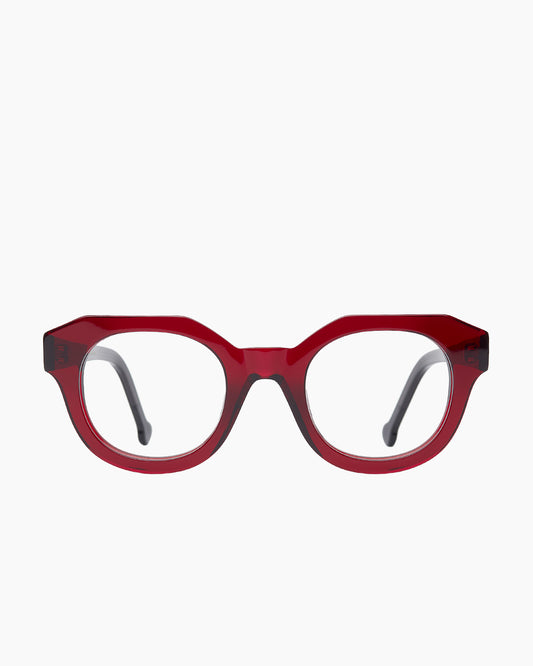 burgundy plastic round eyeglasses by Marie-Sophie Dion model Poitras, front view, lunettes de vue rond couleur bourgogne