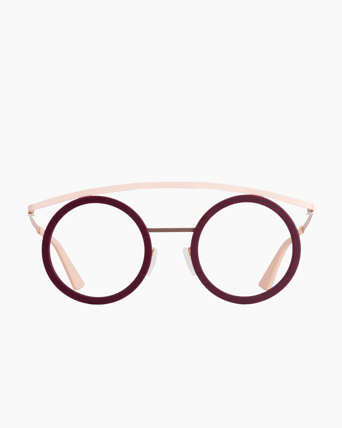 burgundy metal round eyeglasses by Gamine model BoldKallio, front view, lunettes de vue bourgogne rond