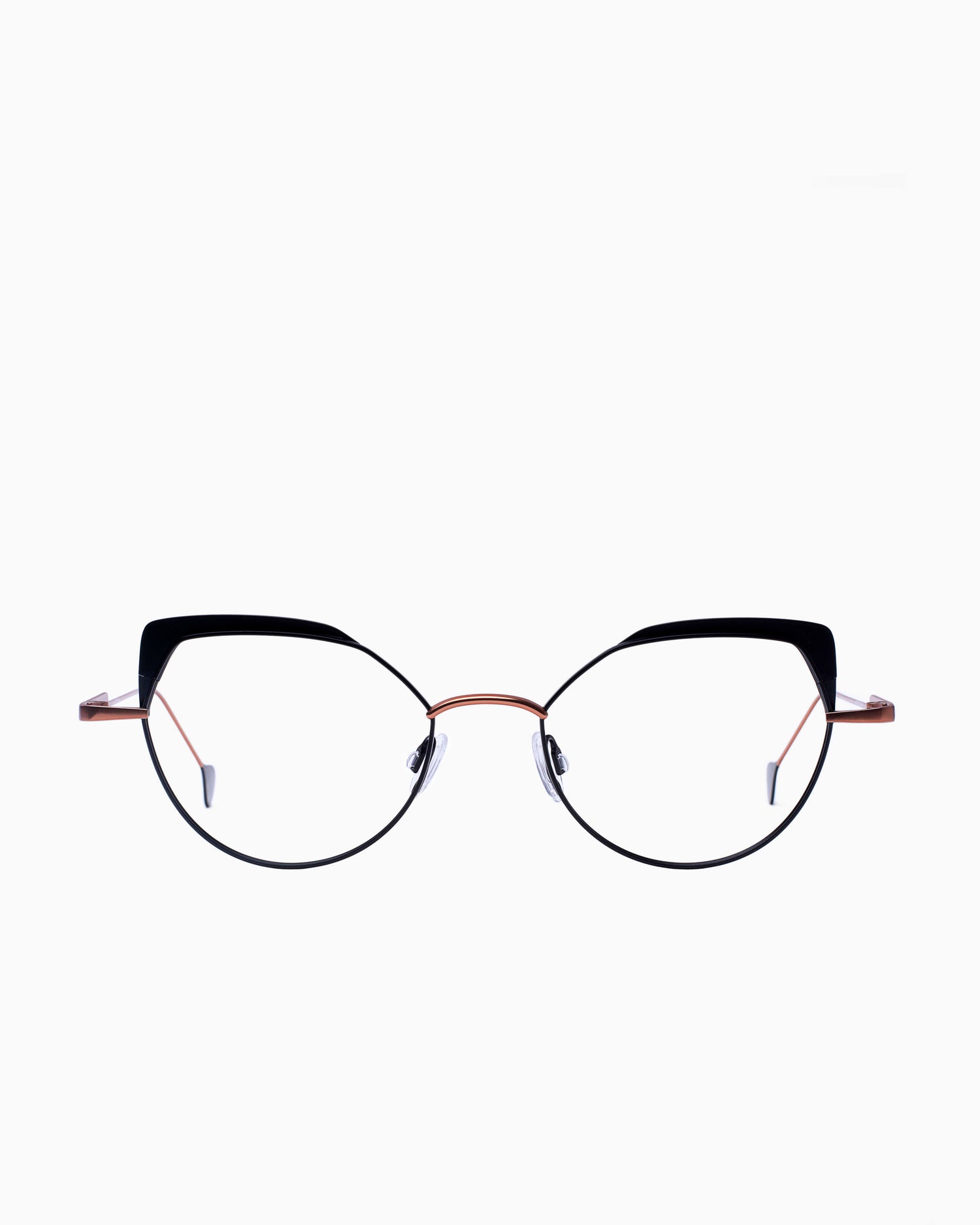 black metal butterfly eyeglasses by Anne et Valentin model Comete, front view, lunettes de vue Noir papillon