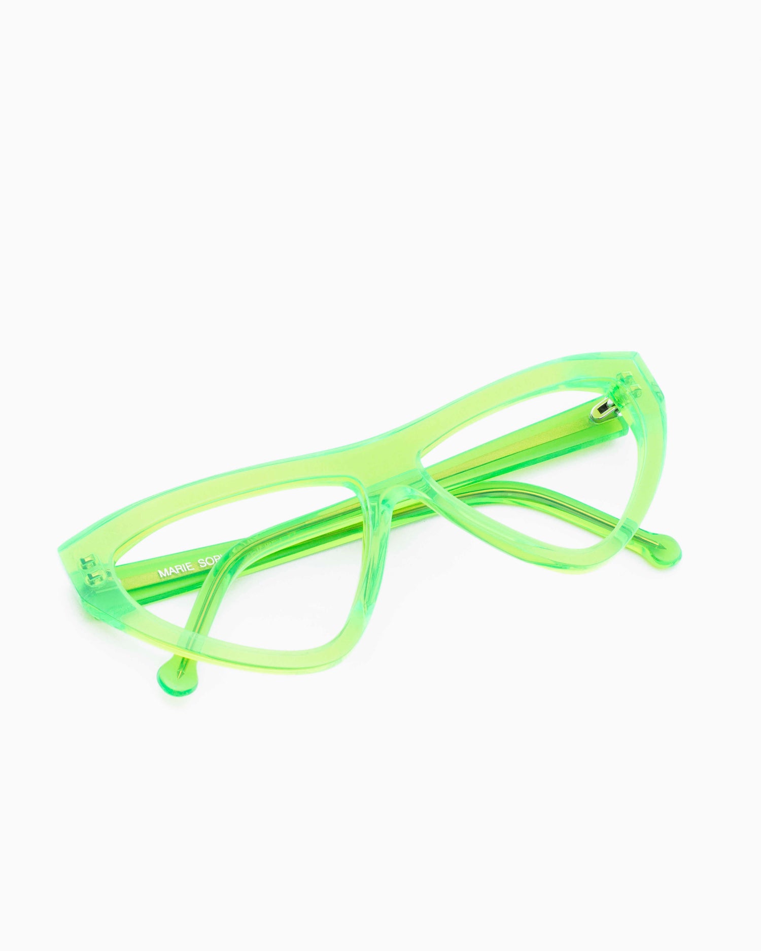 lime plastic triangle eyeglasses by Marie-Sophie Dion model Hart, front view, lunettes de vue triangle couleur Lime