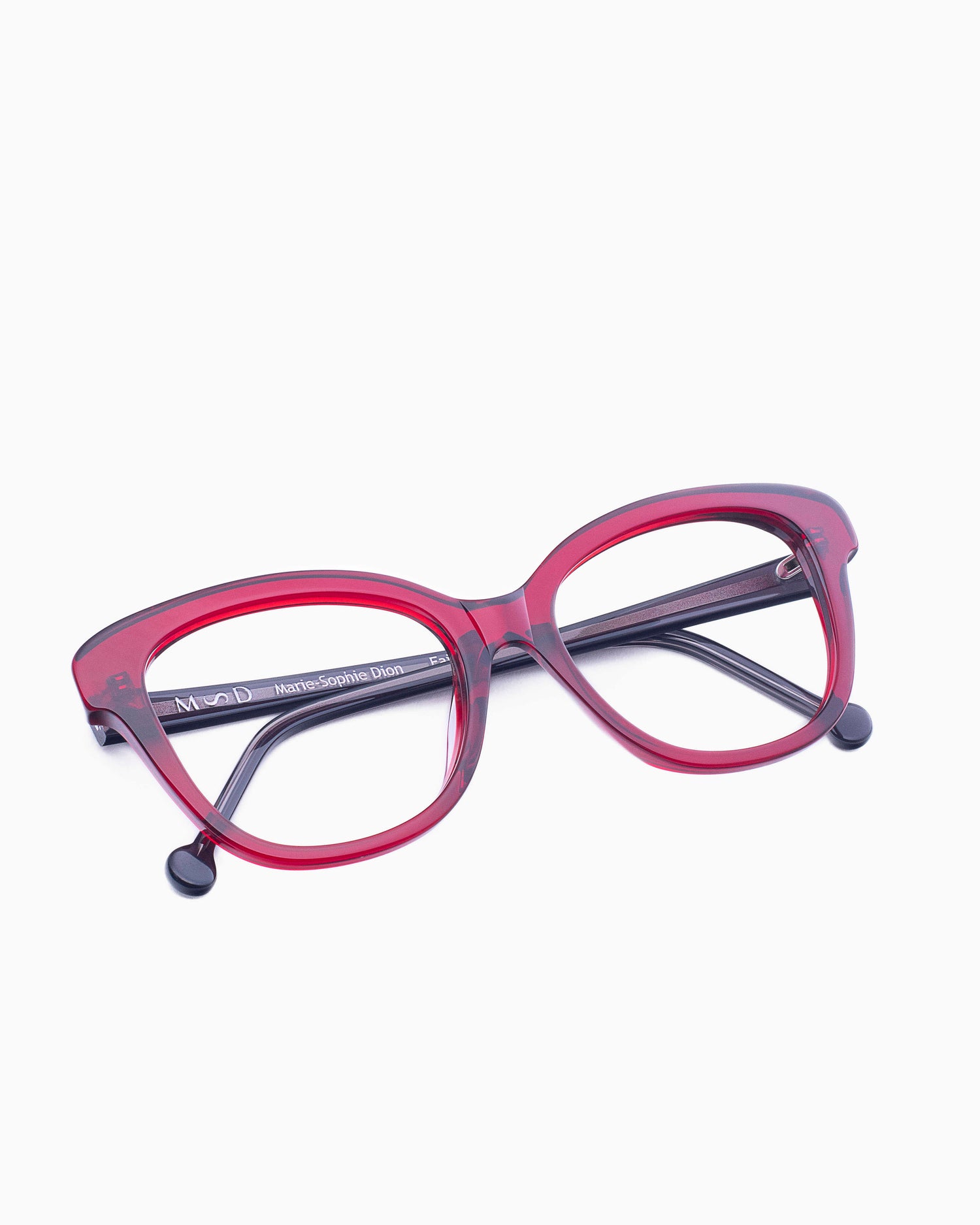 red plastic butterfly eyeglasses by Marie-Sophie Dion model Lamy, front view, lunettes de vue bourgogne papillon