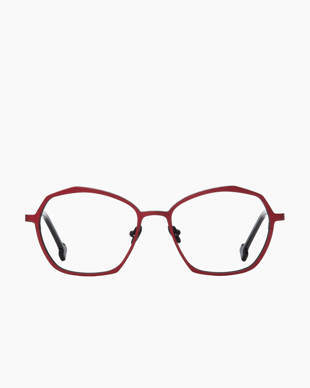 red metal butterfly eyeglasses by Spectacleeyeworks model Paris, front view, lunettes de vue rouge papillon