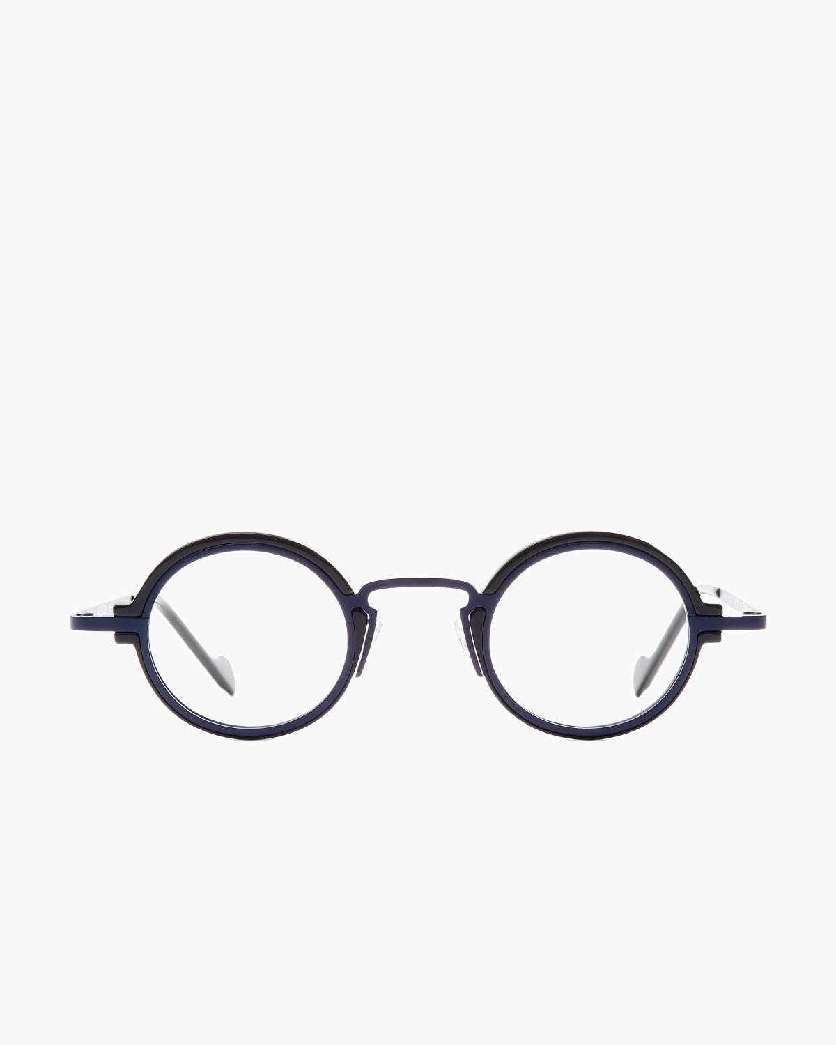 blue metal round eyeglasses by Anne et Valentin model M1, front view, lunettes de vue rond couleur bleu