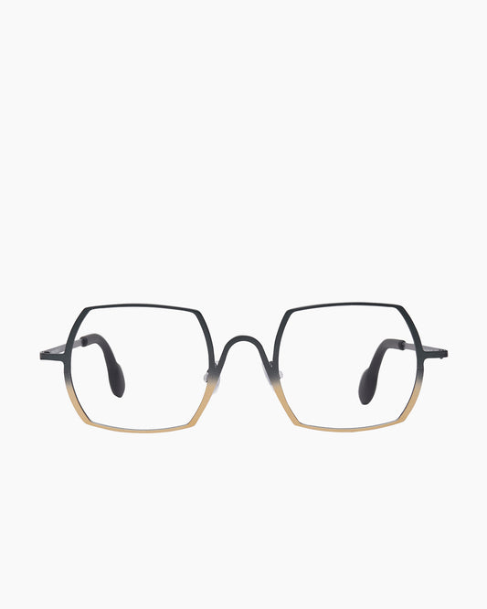 green metal rectangle eyeglasses by Theo model Cambria, front view, lunettes de vue rectangle couleur Vert
