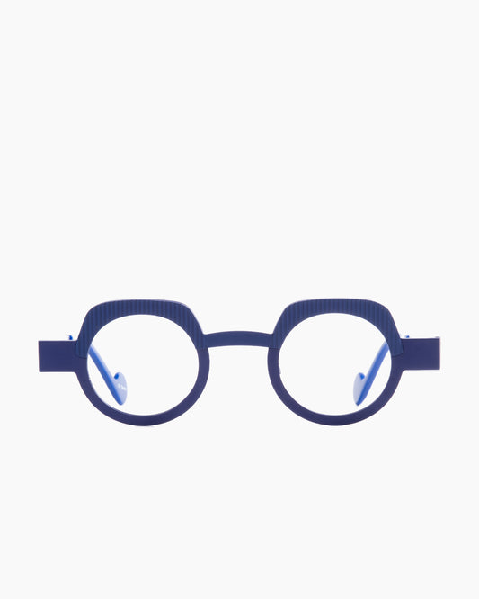 blue metal round eyeglasses by Anne et Valentin model Vibrato, front view, lunettes de vue rond couleur Bleu