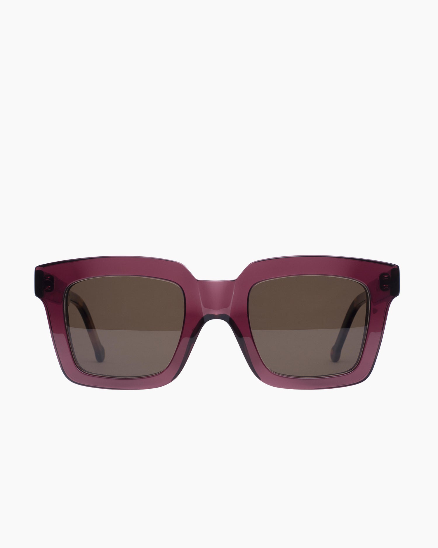 purple plastic rectangle  sunglassesby Marie-Sophie Dion model WilkySUN, front view, lunettes de vue rectangle couleur violet