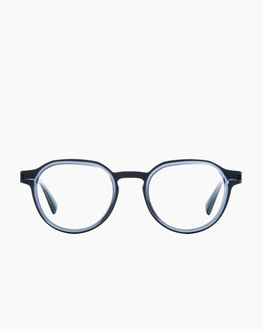 blue metal oval eyeglasses by Mykita model Caven, front view, lunettes de vue ovale couleur bleu