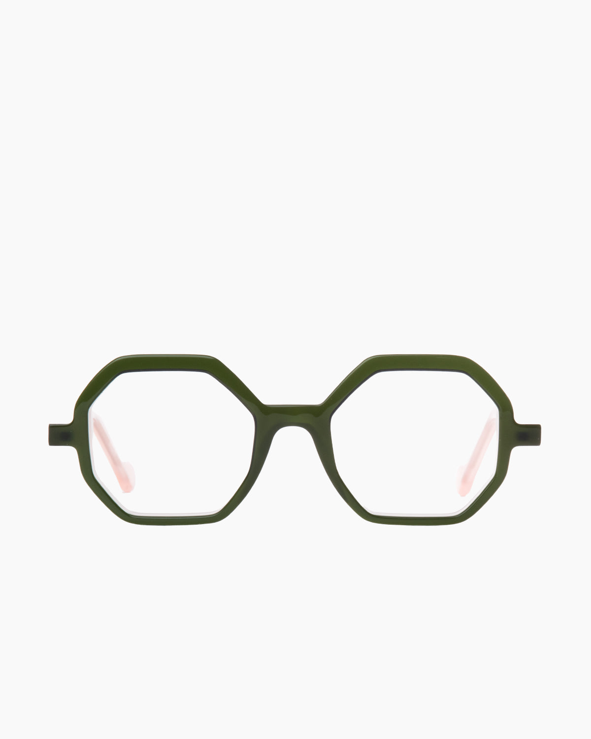 green plastic octogon eyeglasses by Anne et Valentin model Abira, front view, lunettes de vue vert octogone