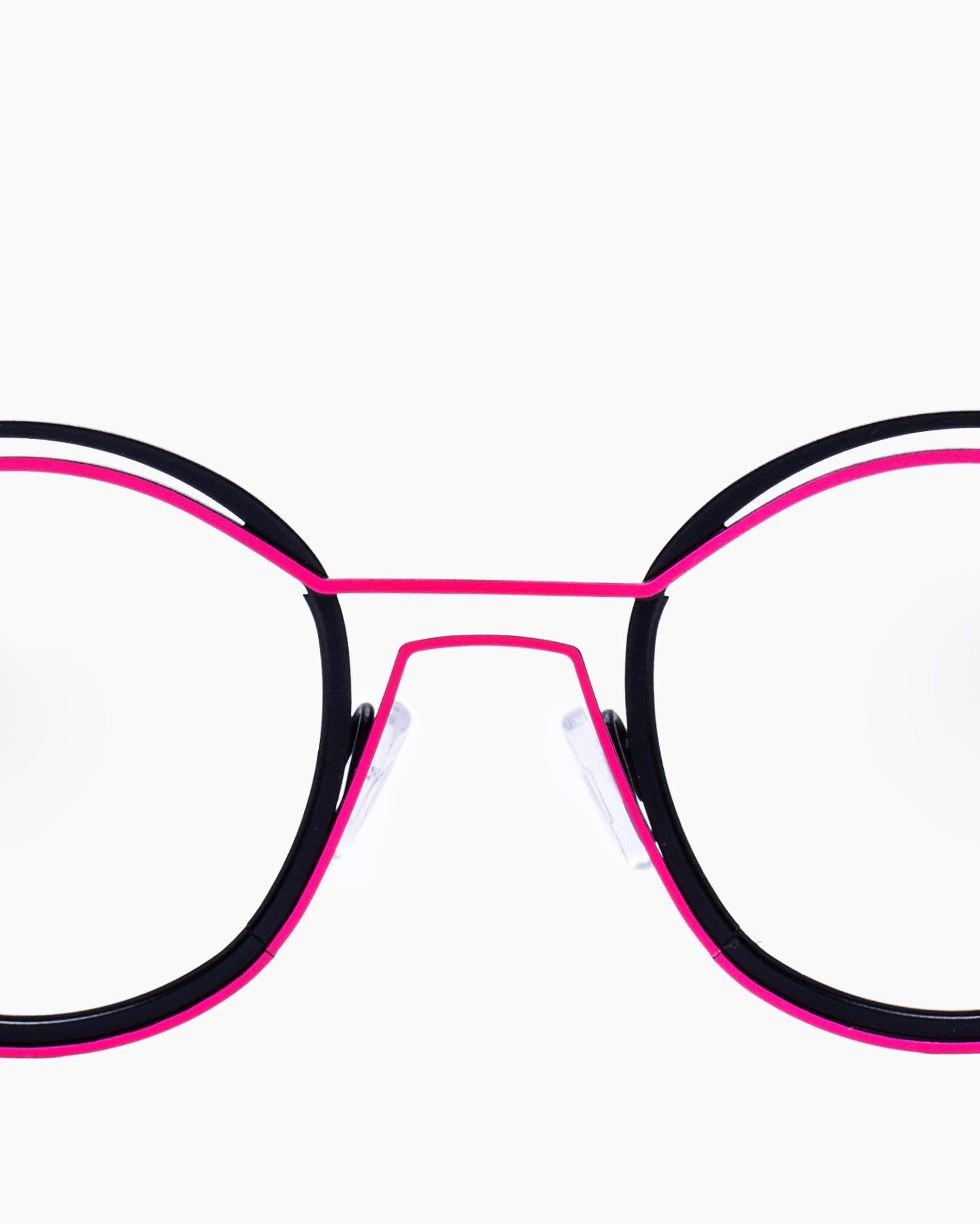 pink metal round eyeglasses by Theo model tracing, front view, lunettes de vue Rose rond